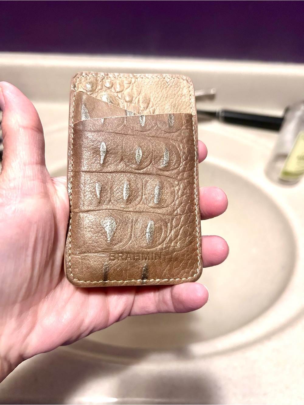 Brahmin Brown Leather Card Wallet with Embossed Texture